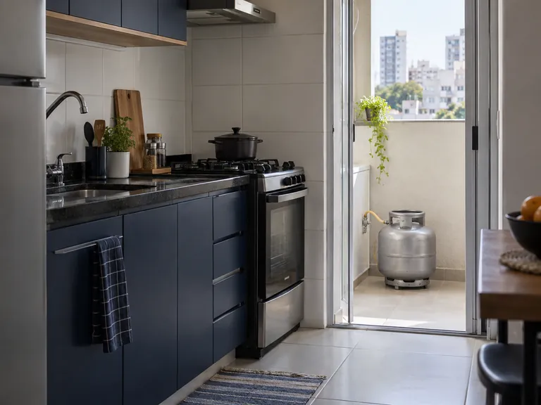 Cozinha compacta de apartamento com botijão na área de serviço ventilada