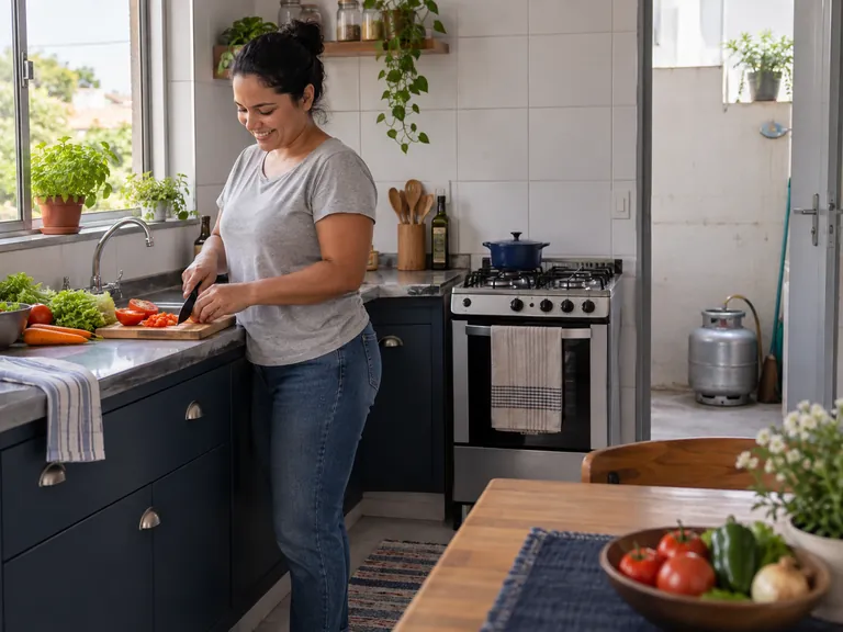 Moradora preparando alimentos em cozinha com área de serviço ventilada