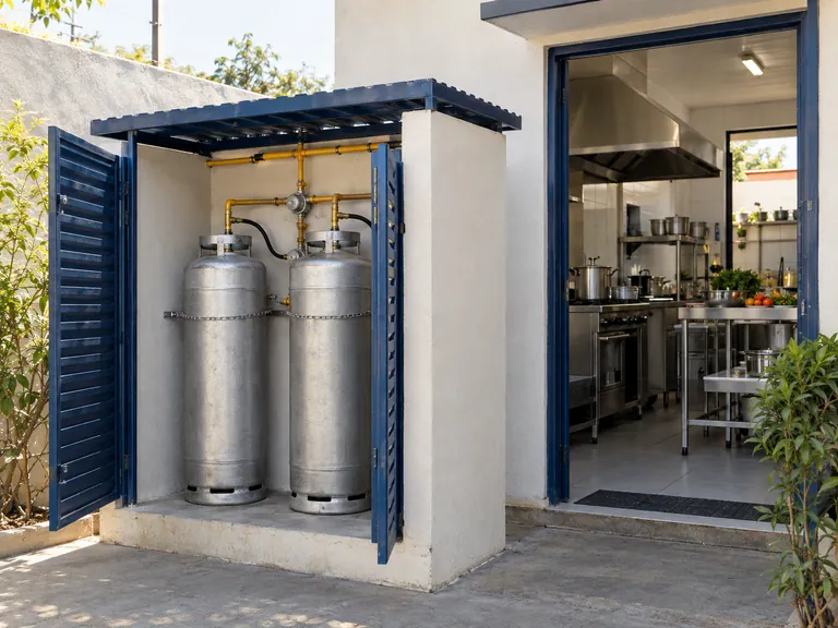 Abrigo externo de cilindros P45 ao lado de uma cozinha comercial