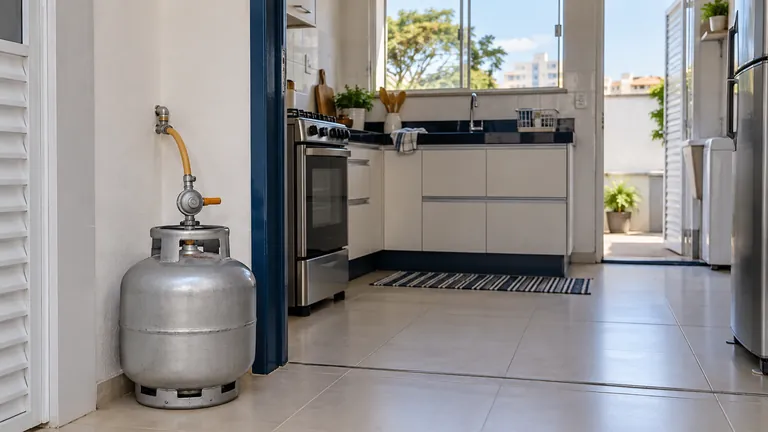 Cozinha com janela aberta, fogão desligado e botijão com registro fechado