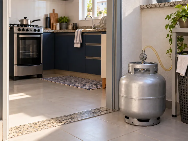 Botijão P13 em área de serviço separada da cozinha doméstica