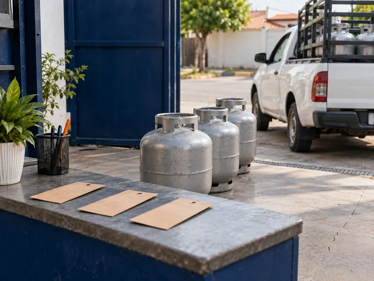 Botijões organizados para entrega junto a cartões de pedidos