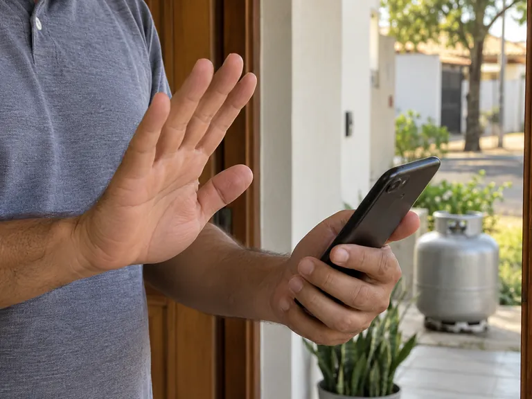 Mãos de cliente com celular e gesto de recusa a pagamento antecipado