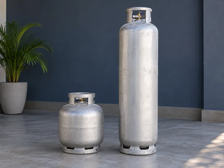 Comparação visual entre um botijão P13 e um cilindro P45 em pé