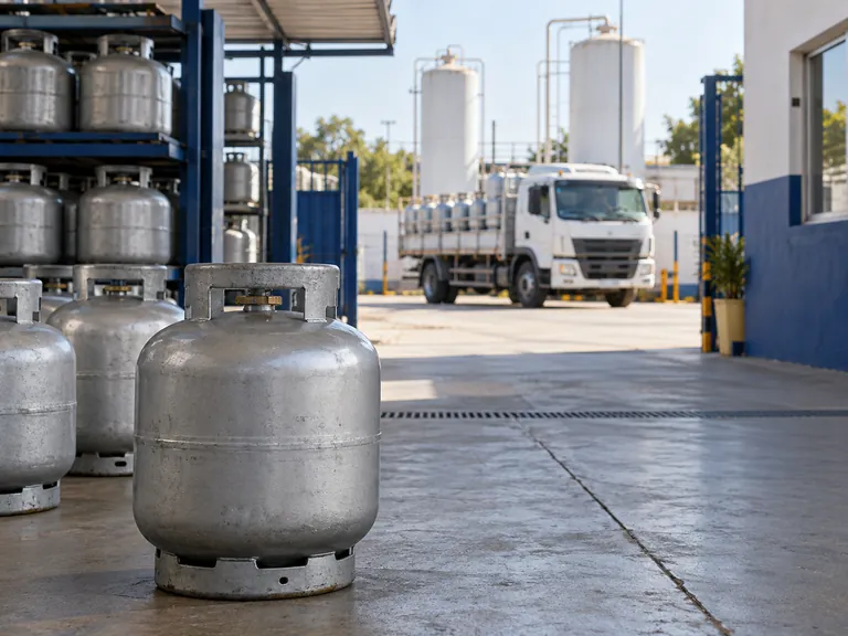 Botijão P13 em depósito com caminhão de distribuição ao fundo