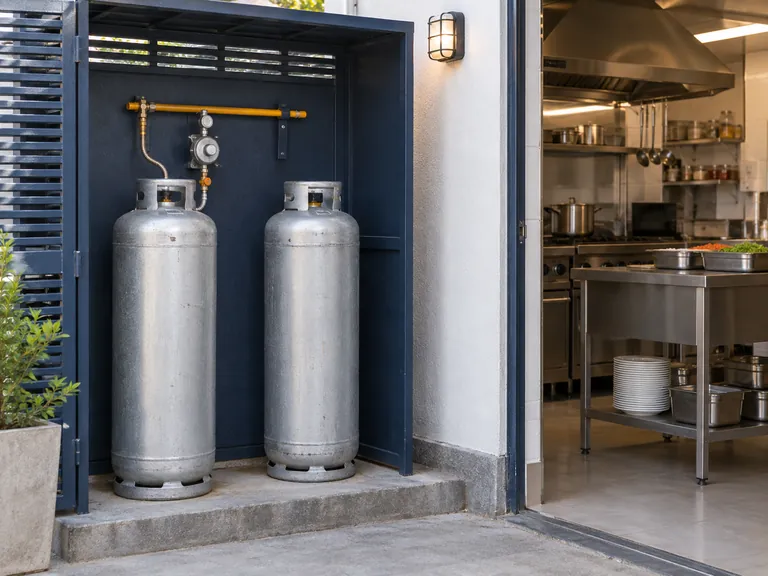 Cilindros P45 em abrigo externo para a rotina de uma cozinha comercial