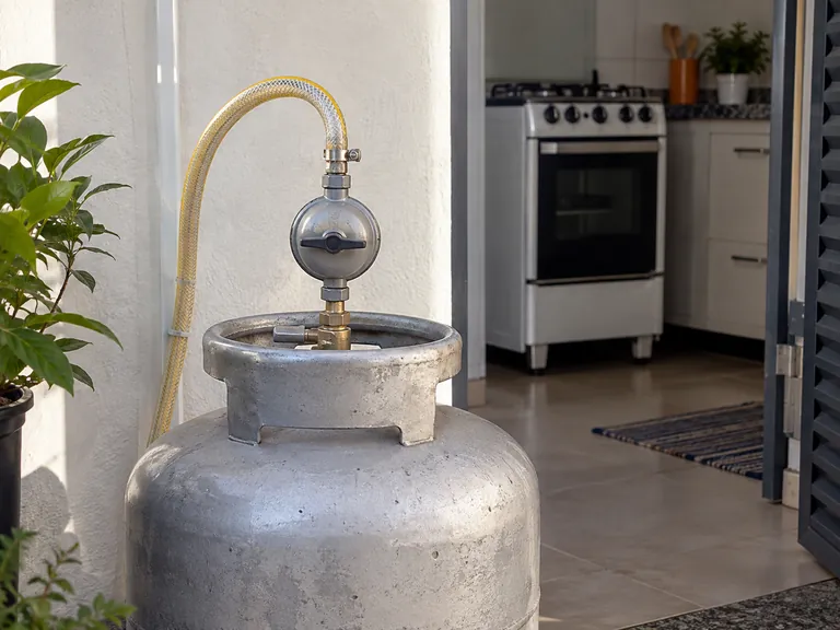 Regulador de um botijão P13 com fogão desligado ao fundo