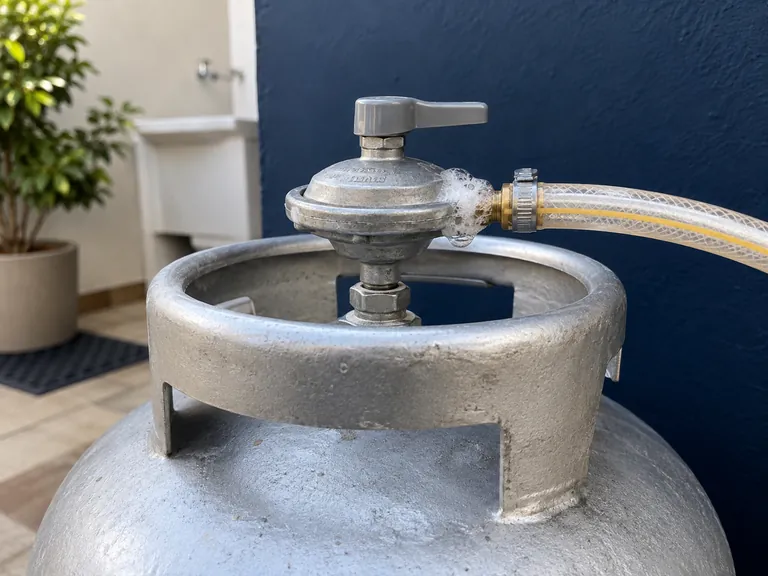 Teste de vazamento com espuma de sabão na conexão do regulador de um botijão P13